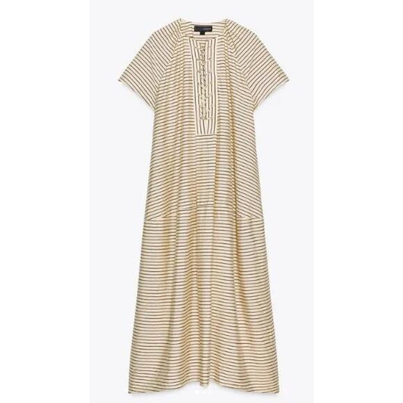 Zara ZW Collection Kaftan Tunic Maxi Dress in Butter Yellow Stripe NWT Sz. S - Picture 3 of 9